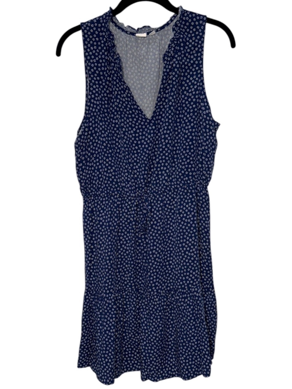 Size L GAP Blue & White Flowers Ruffles Drawstring Waist V-Neck Rayon Soft Dress